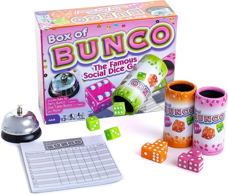 Amazon.com: Continuum Games Box of Bunco Game Party Box for Ladies Night with The Girls, Adult Games for 2-12 players with 3 Sets of Bunco Dice, Bell, and Score Pad for Ladies Night Games, Bunco Gifts for Women : Toys & Games Ladies Night Games, Bunco Dice, Bunco Gifts, Bunco Game, Office Secret Santa, Bunco Party, Dice Cup, Santa Stocking, Party Box