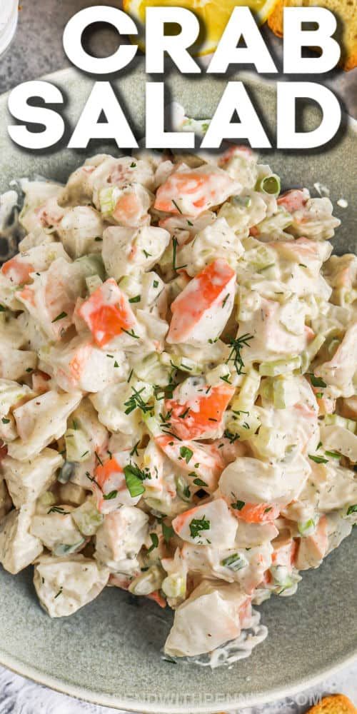 crab salad in a bowl with the title above it