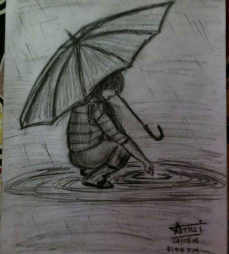 a drawing of a person with an umbrella in the rain