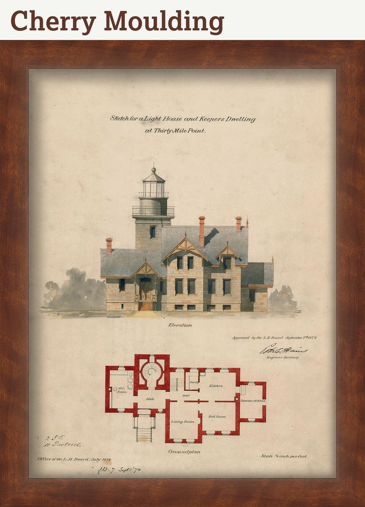 an old house with red and white floor plans