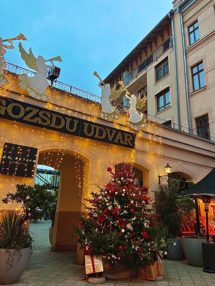 a christmas tree in front of a building with lights and decorations on the outside wall