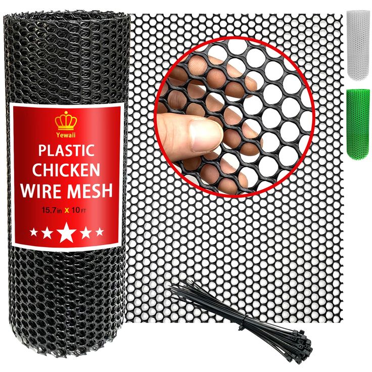 a black mesh wire mesh with the words plastic chicken wire mesh next to it and an image of a hand pointing at something