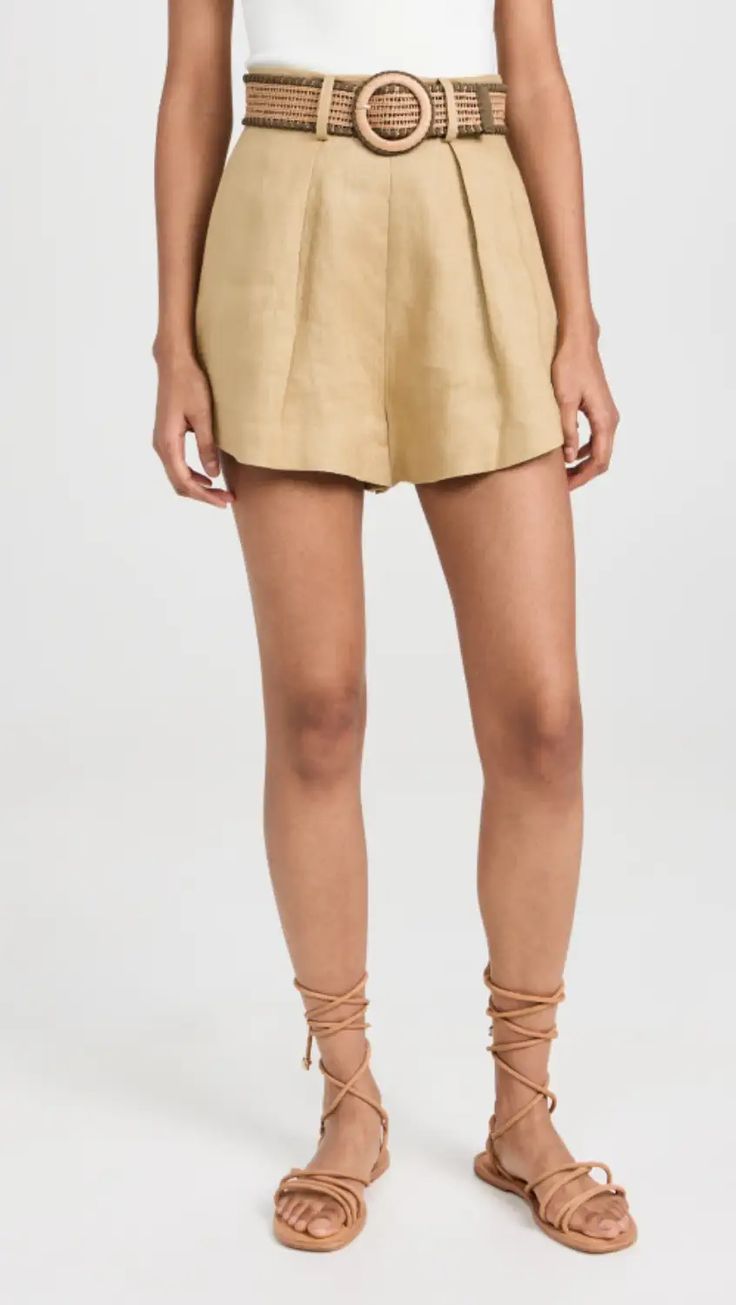 Zimmermann August Tuck Shorts | Shopbop Chic Belted Linen Bottoms, Chic Linen Belted Bottoms, Chic Belted Beach Bottoms, Belted Linen Bottoms For Spring, Linen Bottoms With Pockets And Paperbag Waist, Linen Paperbag Waist Bottoms With Pockets, Beige Linen Shorts For Work, Linen Bottoms With Paperbag Waist, Chic Shorts With Belt Loops For The Beach