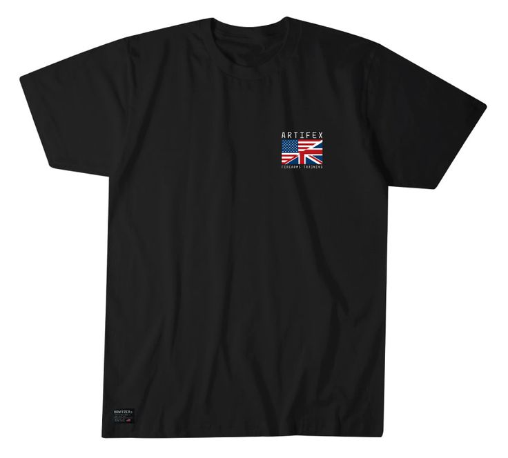 a black t - shirt with red and white logo