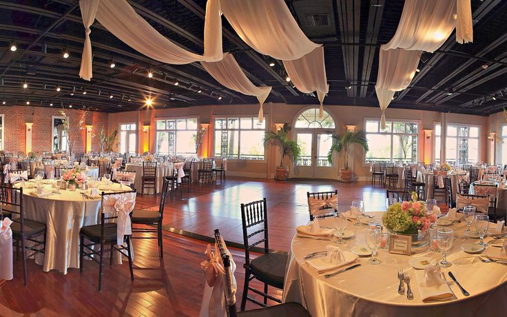 a banquet hall set up with tables and chairs