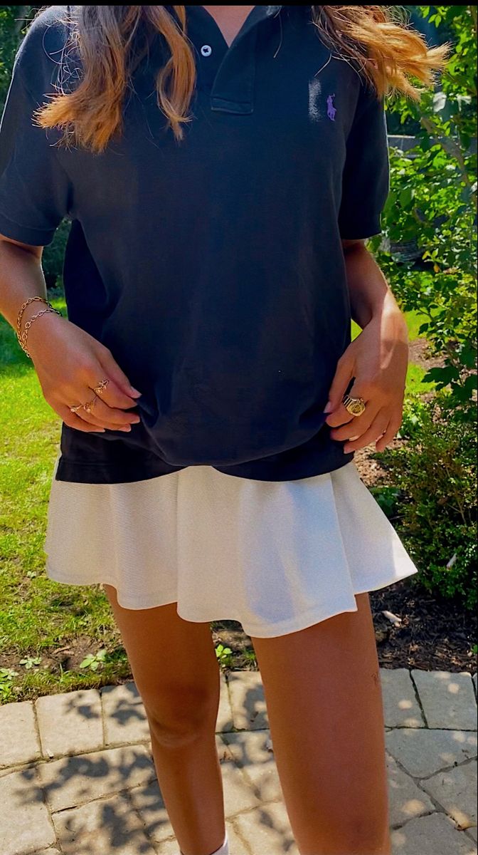 Big Polo Shirt Outfit Women, Polo And Skirt Outfits, Polo Top Outfit, White Polo Shirt Outfit, Vneck Outfit, Polo Outfits For Women, Polo Shirt Outfit Women's, Hilfiger Outfits, Yellow Skirt Outfits