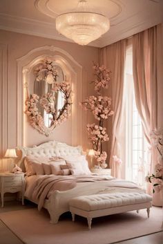 a white bed sitting in a bedroom next to a window with pink curtains and flowers on it