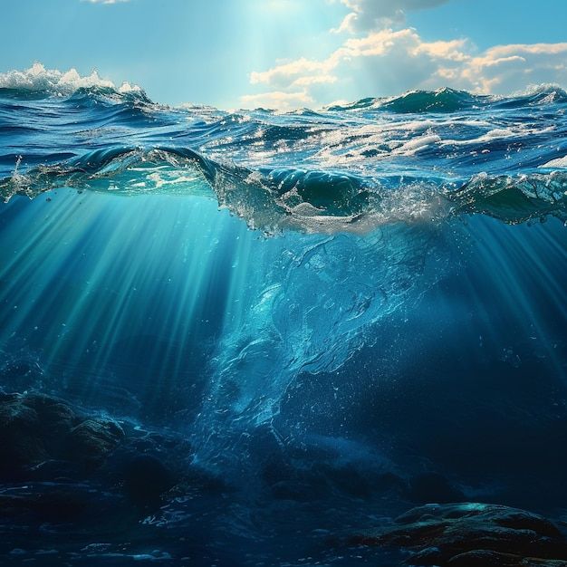 an underwater view of the ocean with sunlight shining through the water's waves and sunbeams