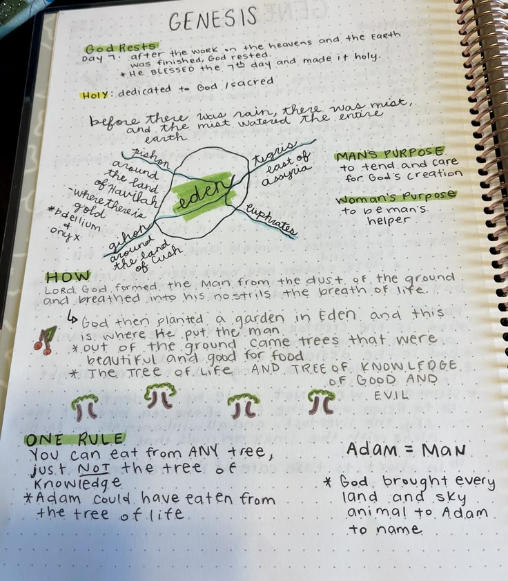 an open notebook with some writing on the inside and green markered notes in it