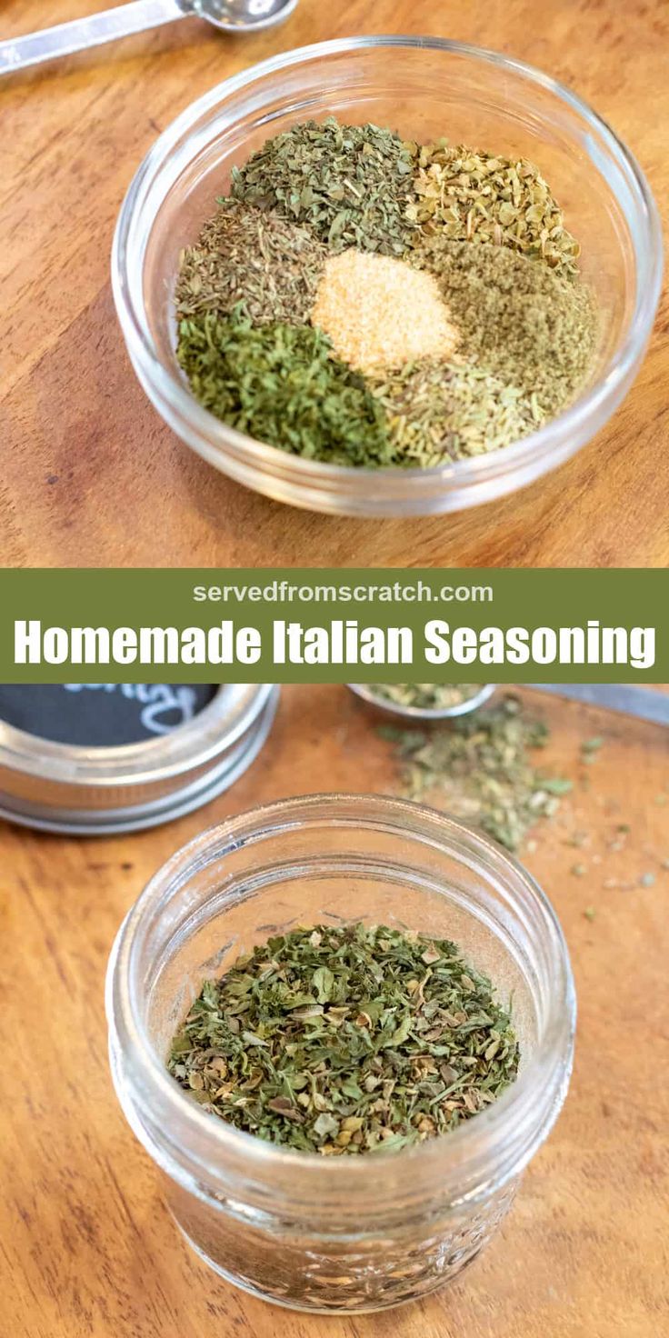 the ingredients for homemade italian seasoning in small glass bowls