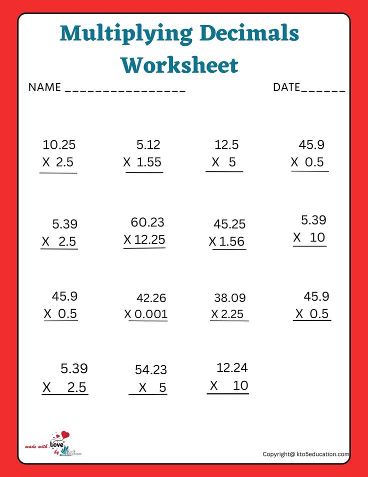 the worksheet for multiplying decimals worksheet is shown in red