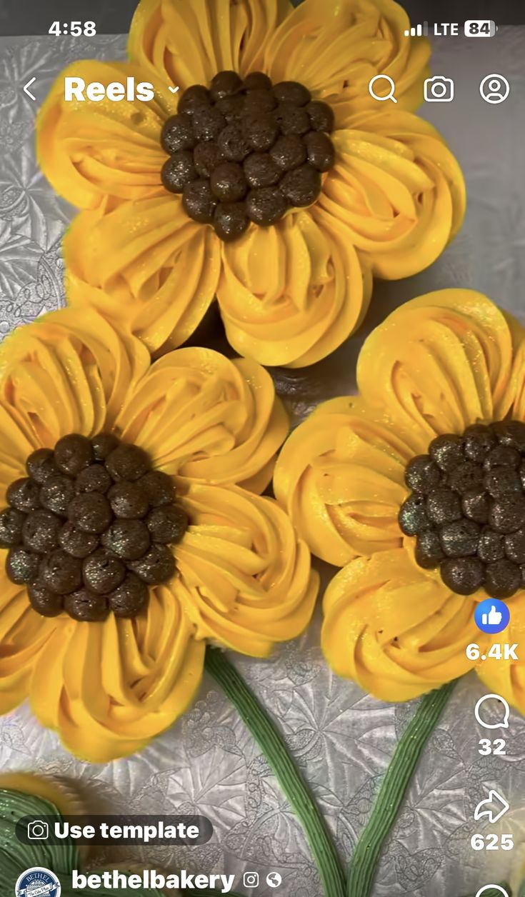 three yellow sunflowers with chocolate centers are on the table and there is an iphone app showing them