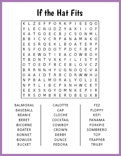 the word search for if the hat fits is shown in black and white on a purple background