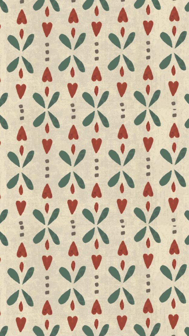 an old fashioned wallpaper with hearts and leaves on white background, as well as red and green flowers