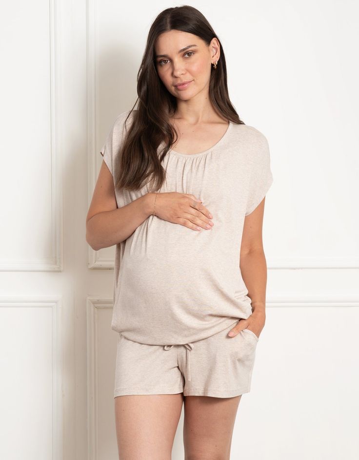 maternity, nursing, maternity pyjamas, pajamas, nursing pyjamas, loungewear, nursing access, soft, jersey, under bump, short sleeve, shorts, tshirt, tee, bestseller, oatmeal, margaret Maternity Pyjamas, Postpartum Dresses, Tailored Wedding Dress, Nursing Maternity, Maternity Pajamas, Baby Shower Dresses, Maternity Shorts, Nursing Dress, Maternity Nursing