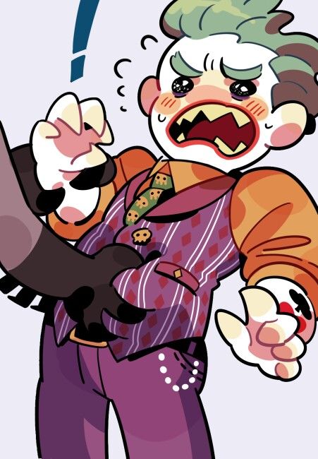 a drawing of a clown holding a cat and pointing at it's head with its mouth open