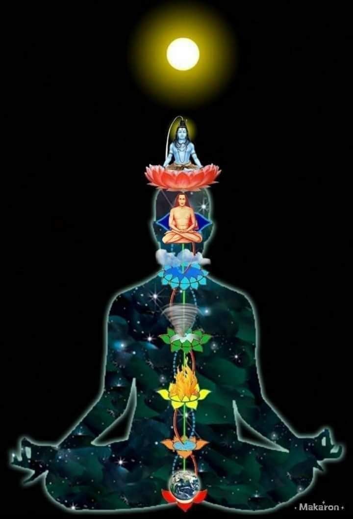 a person sitting in the middle of a yoga pose with seven chakras on their shoulders