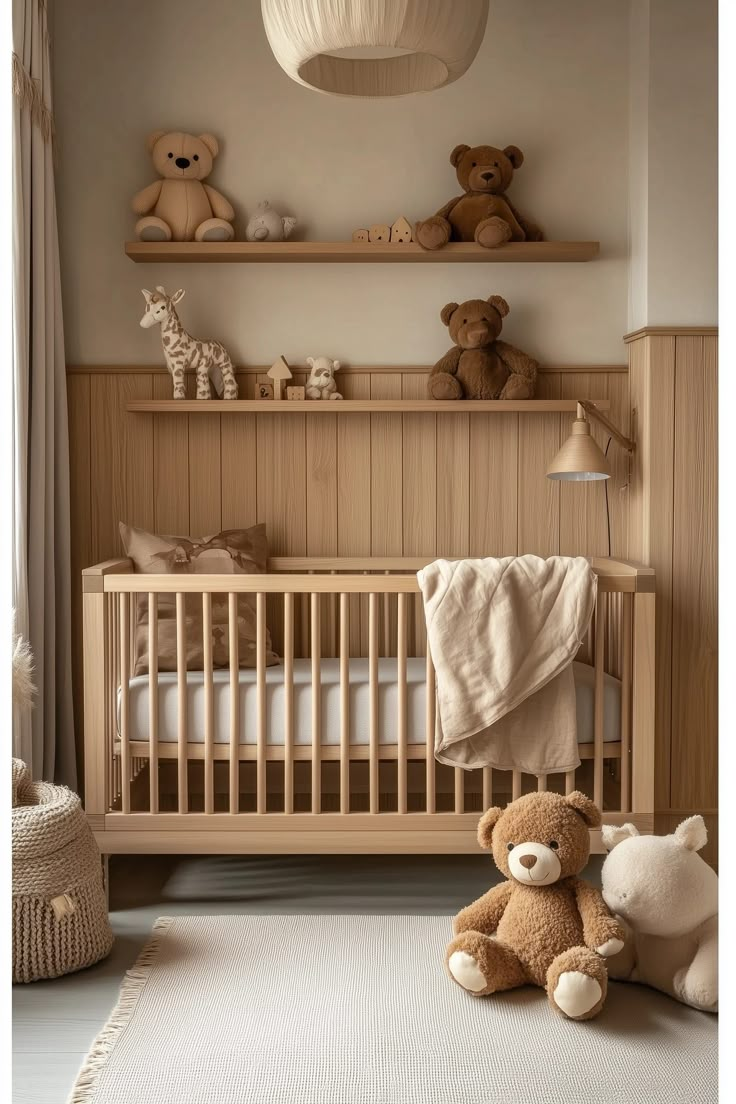 a baby crib with two teddy bears in it and a lamp above the crib