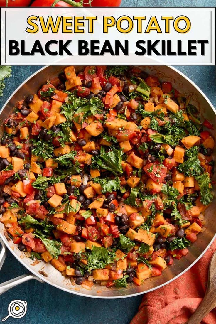 sweet potato and black bean skillet in a pan with text overlay that reads, sweet potato and black bean skillet