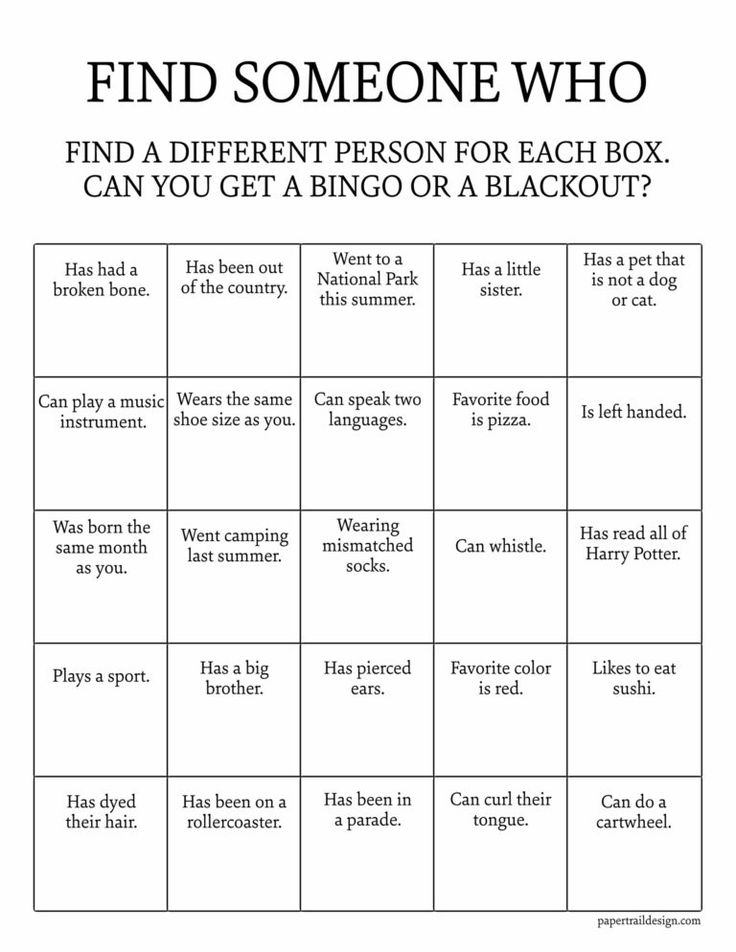 a game board with words that say find someone who can be a different person for each box