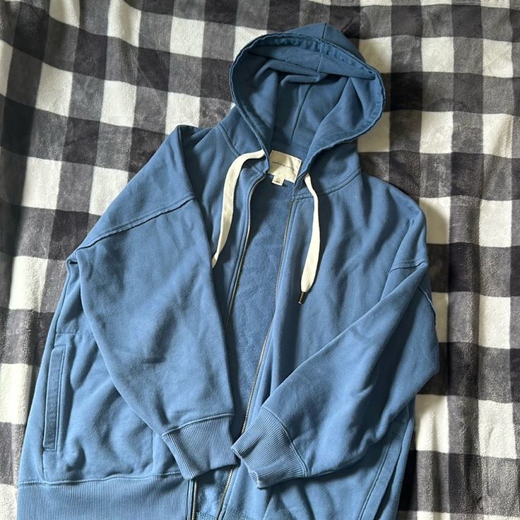 Size Xs/S Oversized Fit Nwt In Excellent Condition Blue Hooded Outerwear With Relaxed Fit, Blue Relaxed Fit Hooded Outerwear, Blue Outerwear For Spring Loungewear, Casual Washed Blue Outerwear For Everyday, Casual Everyday Washed Blue Outerwear, Everyday Washed Blue Long Sleeve Outerwear, Relaxed Fit Light Blue Long Sleeve Outerwear, Light Blue Relaxed Fit Outerwear With Long Sleeves, Cozy Blue Outerwear With Relaxed Fit