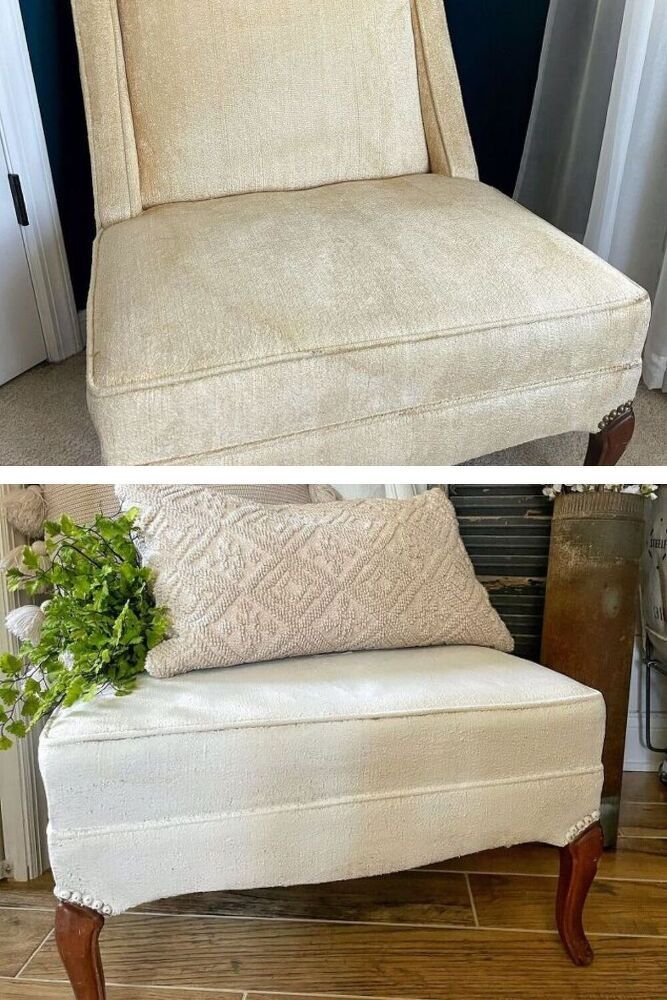 a chair that has been upholstered and is being used as a planter