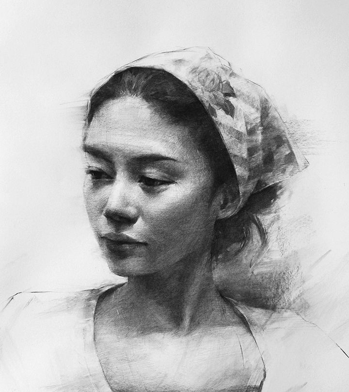 a pencil drawing of a woman wearing a bonnet