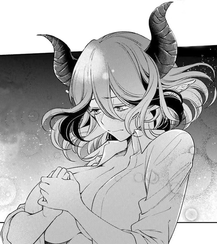 an anime character with horns on her head is looking at something in the distance,