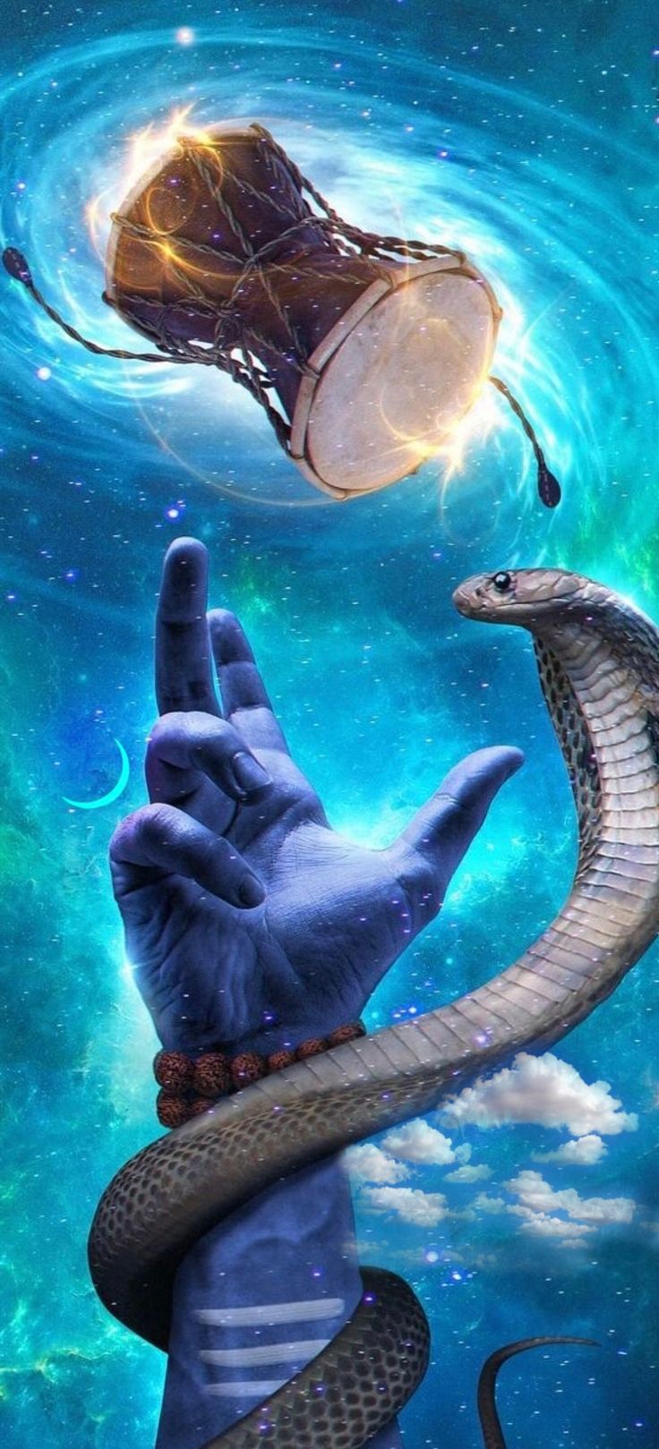 a hand with a peace sign in front of a blue background and a large snake on it