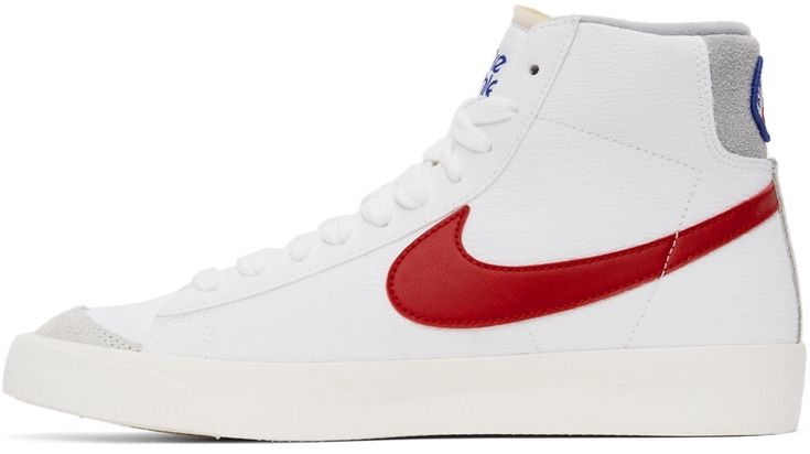 High-top seersucker sneakers in white featuring buffed leather Swoosh appliqué in red at sides. Textile logo patch at tongue and heel tab. · Lace-up closure · Suede trim in grey at toe cap and sides · Raw edge at padded canvas tongue · Padded collar · Tonal treaded rubber sole Supplier color: White/Gym Red/Light Smoke Nike For Men, Blazer Mid 77 Vintage, White Gym, Vintage Sneakers, Textile Logo, Blazer Mid, Nike White, White Blazer, Nike Cortez Sneaker