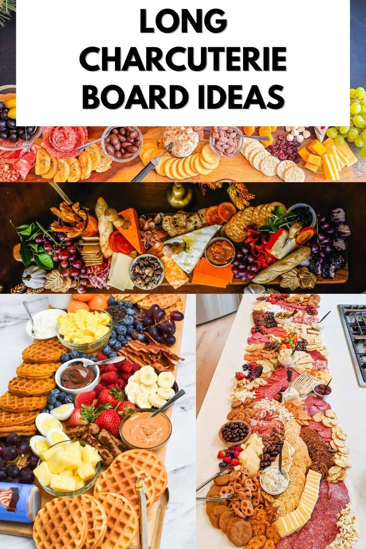 the long charcuterie board has many different types of food on it and is ready to be served