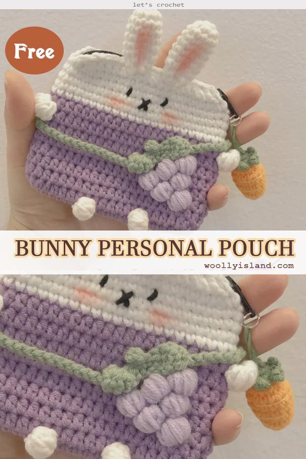 a crocheted bunny purse is shown in two different pictures, one with an orange carrot on it