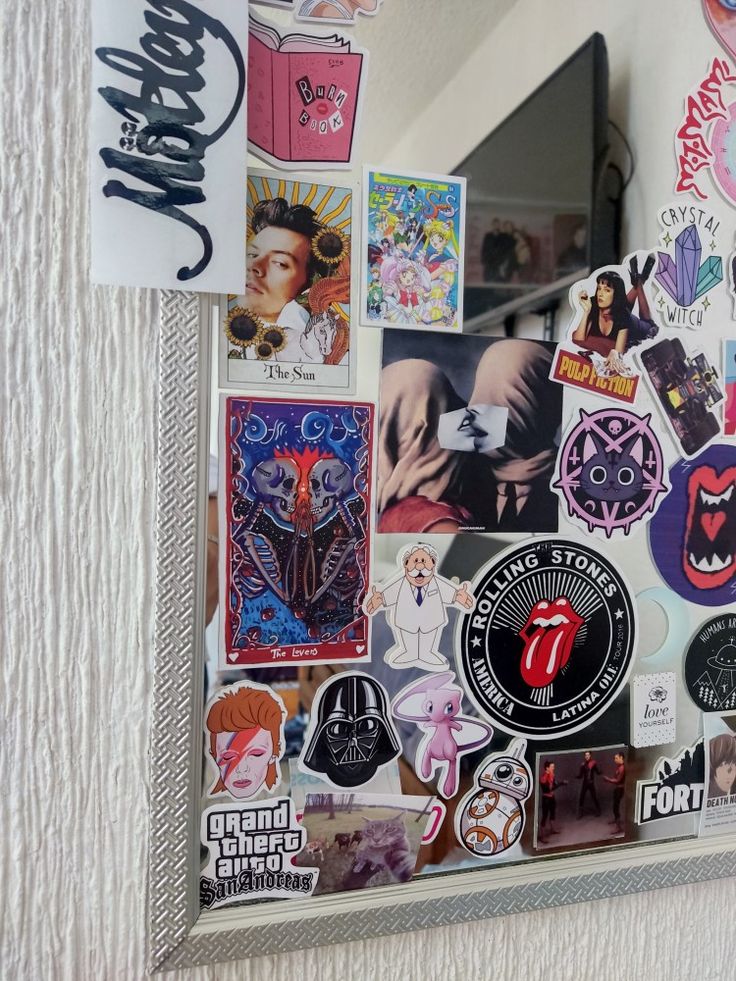 #stickers #mirror #mirrorstickers #harrystyles #sailormoon #davidbowie  #starwars #spiderman #pulpfiction #aesthetic #mirroraesthetic #collage Stickers On Mirror Aesthetic, Mirror Stickers Aesthetic, Pulpfiction Aesthetic, Mirror With Stickers, Stickers On Mirror, Uni Bedroom, Stickers Mirror, Sliding Mirror, House Vibes