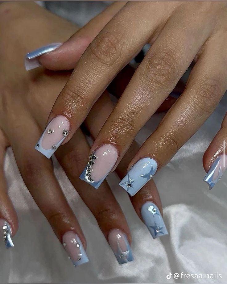 Short Light Blue Nails With Rhinestones, Grad Nails Acrylic Blue, Light Blue Acrylic Nail Designs, White Silver And Blue Nails, Nail With Crystals, Light Blue And White Nails Acrylic Short, Light Blue Nail Inspo Short, Light Blue Prom Nails Short, Light Blue With Silver Nails