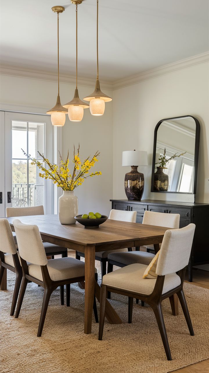 a dining room table with chairs and a bowl of fruit on top of the table