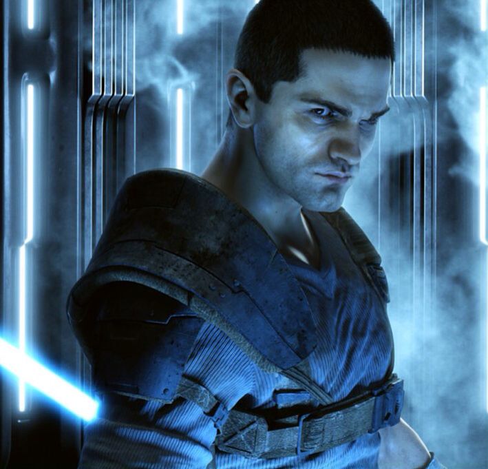 star wars the old republic character with lights coming from his chest, in front of an abstract background