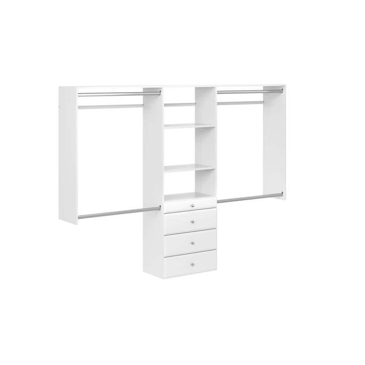 a white closet with drawers and shelves on the bottom shelf is shown in front of a white background