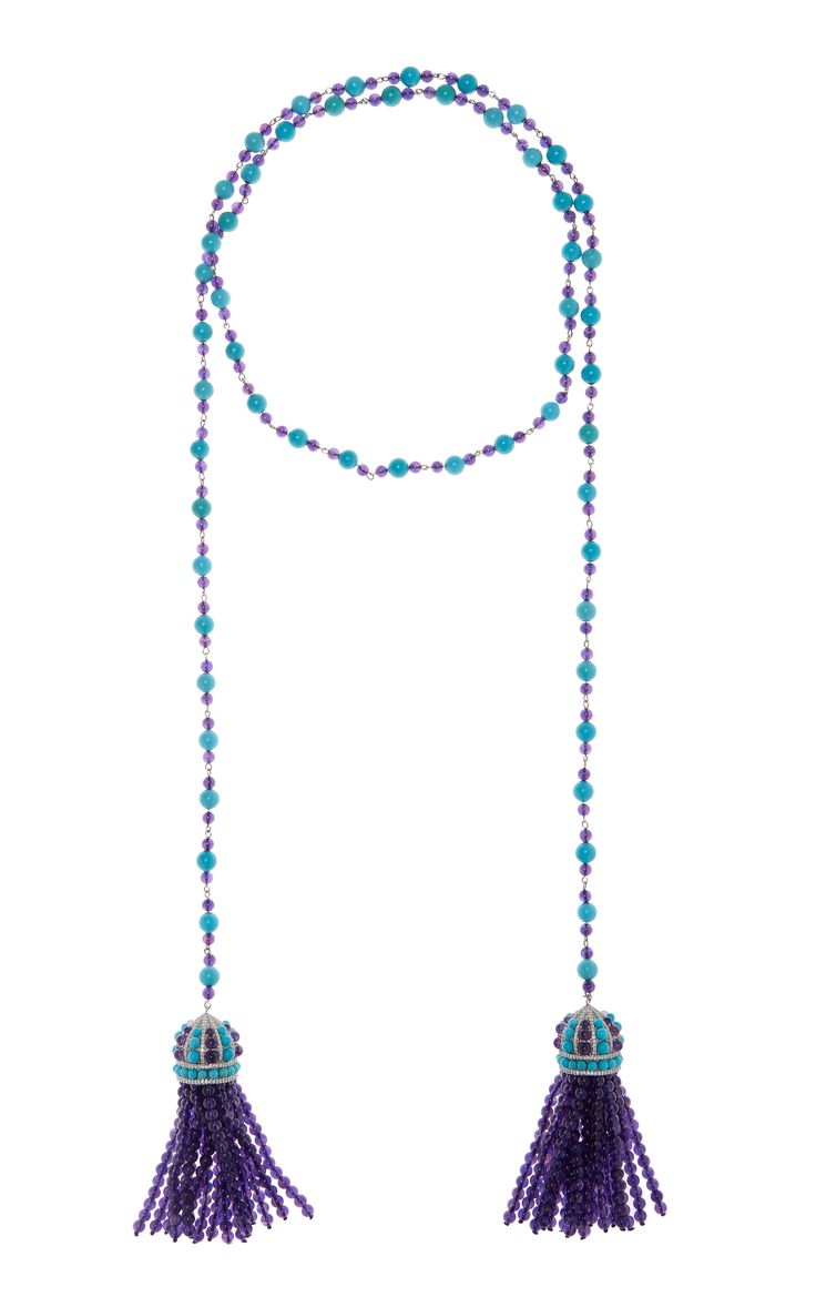 325.29 carats of Amethyst Beads 144.39 carats of Turquoise Beads 3.09 carats of round diamonds Lariat is set in 18K White gold Measures ~50 inches in length Multigenerational House, Buccellati Jewelry, Neck Pieces Jewelry, Beaded Necklace Designs, Silver Jewellery Indian, Amethyst Beads, Blue Jewelry, Lariat Necklace, Fine Jewellery Necklace