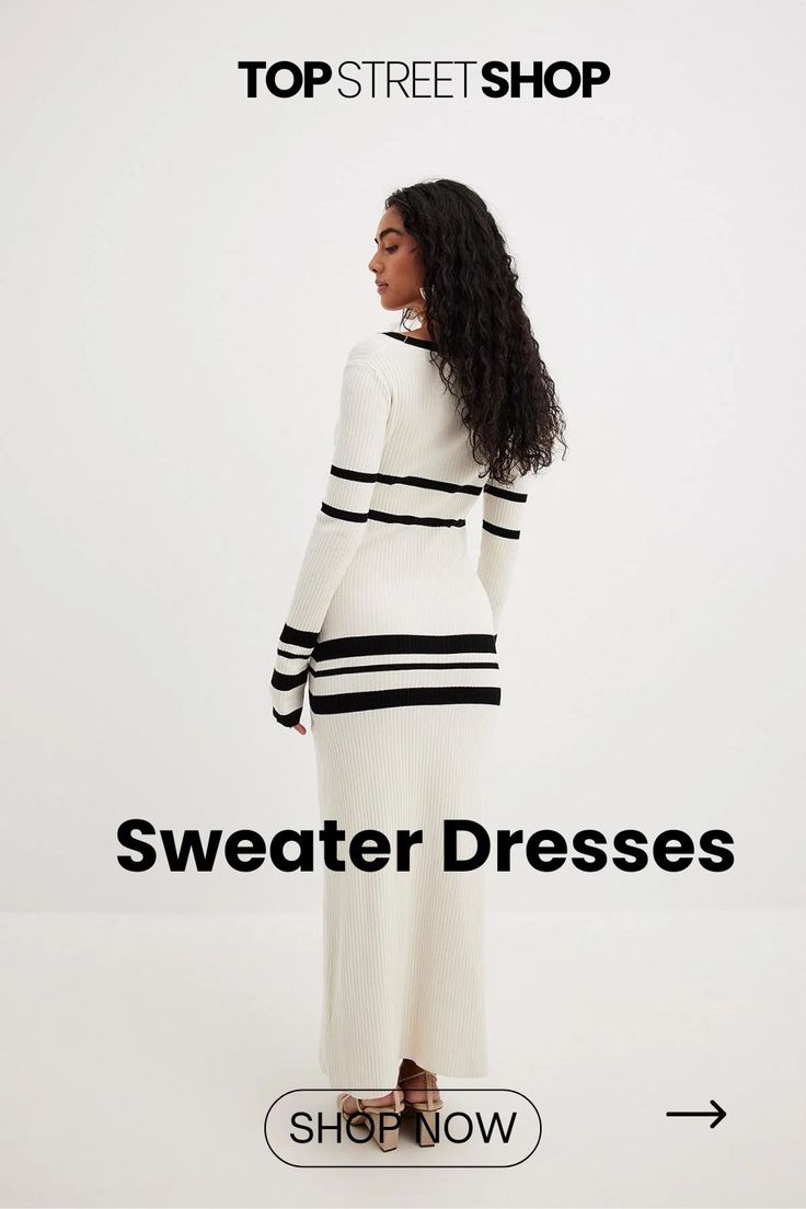 This stunning maxi dress is a must-have for those who appreciate timeless fashion with a modern twist. Stripes Pattern, Sweater Shop, Timeless Fashion, White Stripe, Timeless Elegance, Dress Shop, Sweater Dress, Twist, Maxi Dress