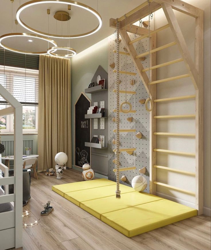 a room with stairs, bookshelf and yellow mat