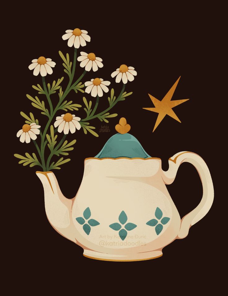 a teapot with daisies and a star on it