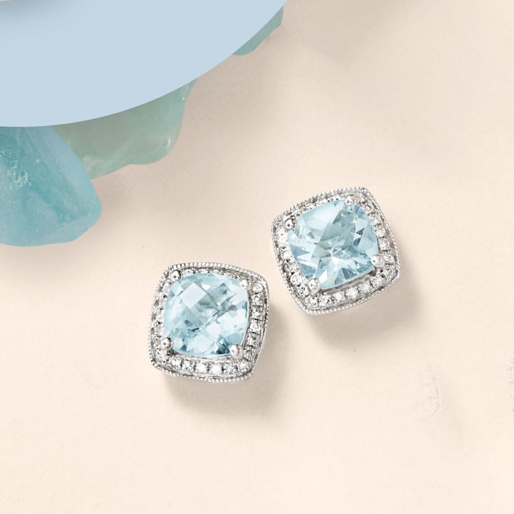 Ross-Simons - 2.60ct t. w. Aquamarine, .20ct t. w. Diamond Earrings in 14kt White Gold. The dreamy allure of 2.60 ct. t. w. of aquamarines beckons in these shimmering stud earrings, outlined in .20 ct. t. w. of diamond rounds. Post/clutch, 14kt white gold earrings. Aquamarine birthstones are the perfect gift for March birthdays. Formal Round Cut Gemstone Diamond Earrings, White Gold Diamond Earrings In Platinum, Platinum Diamond Earrings In White Gold, White Gold Diamond Earrings With Gemstones In Platinum, Classic White Gold Earrings With Gemstone, Timeless Gemstone Earrings For Anniversary, White Gold Diamond Earrings With Gemstones, White Gold Round Cut Diamond Earrings With Gemstone, White Gold Diamond Earrings With Round Cut Gemstone