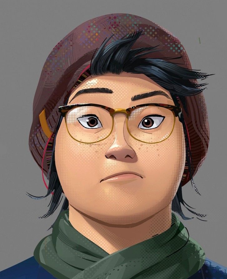 a digital painting of a man wearing glasses and a hat with his hair pulled back