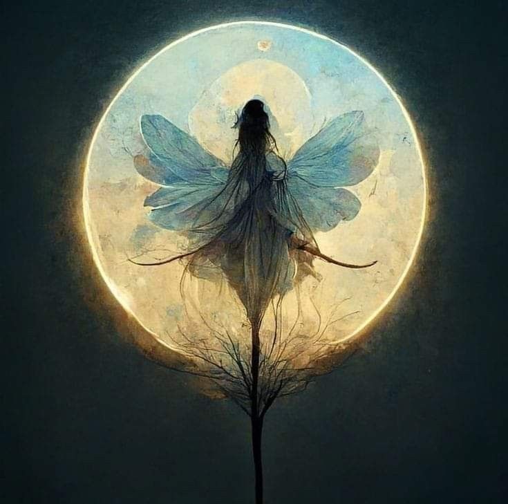 a fairy sitting on top of a tree in front of a full moon