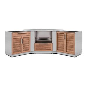 a corner cabinet with doors and drawers on the front, in stainless steel and wood