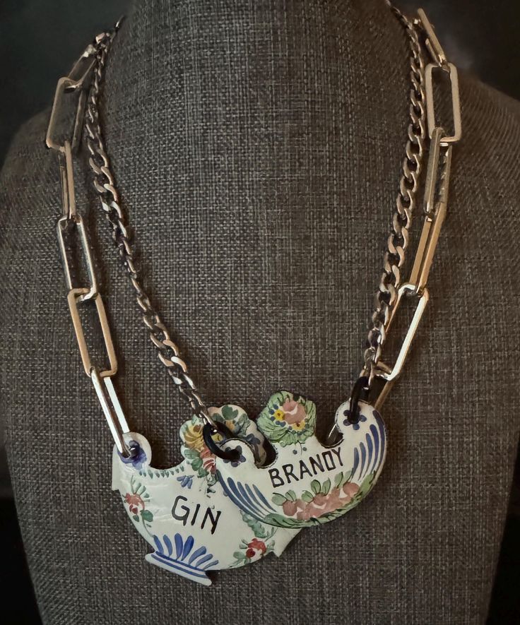 Edit | Vintage Liquor Tag. GIN, BRANDY, French Enamel Necklace Enamel Necklaces, Liquor, Gin, Brandy, Wax