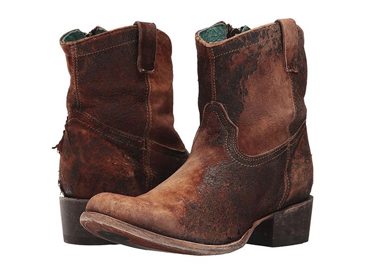 Corral Boots C1064 - Cowboy Boots : Chocolate/Tan : Rugged and wild, the Corral Boots C1064 boots are made for causing a little trouble. Please note that this Corral boot is designed with extremely distressed leather. Rips and imperfections are part of the construction. Distressed lamb leather upper. Inside YKK zip closure and side stitched pull loop for easy on and off. Soft leather lining for a comfortable fit. Lightly cushioned leather footbed for all-day comfort. Round toe. Stacked leather h Soft Comfy Genuine Leather/suede Ankle Boots For Women Uk, Boots For Women Miggon 🛍️, Short Cowboy Boots Square Toe, Boots For Women Ankle Summer, Cheap Leather Cowboy Boots For Women, Cheap Western Faux Leather Boots, Women's Cowboy Boots Wide, Upscale Casual Moto Boots For Outdoor, Short Cowboy Boots Leggings