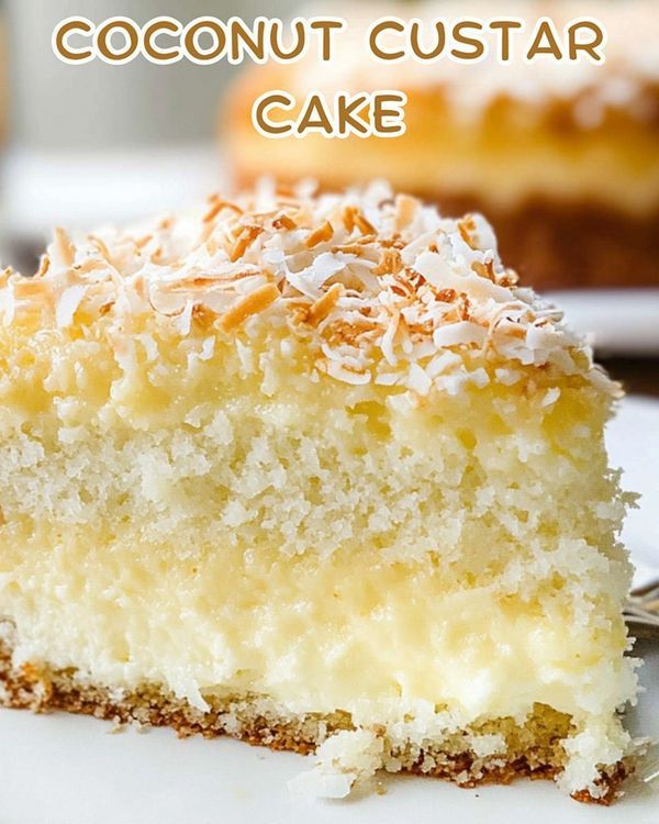 a slice of coconut custard cake on a plate