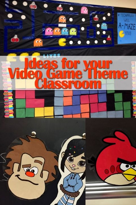 the classroom door is decorated with angry birds and video game theme paper cutouts