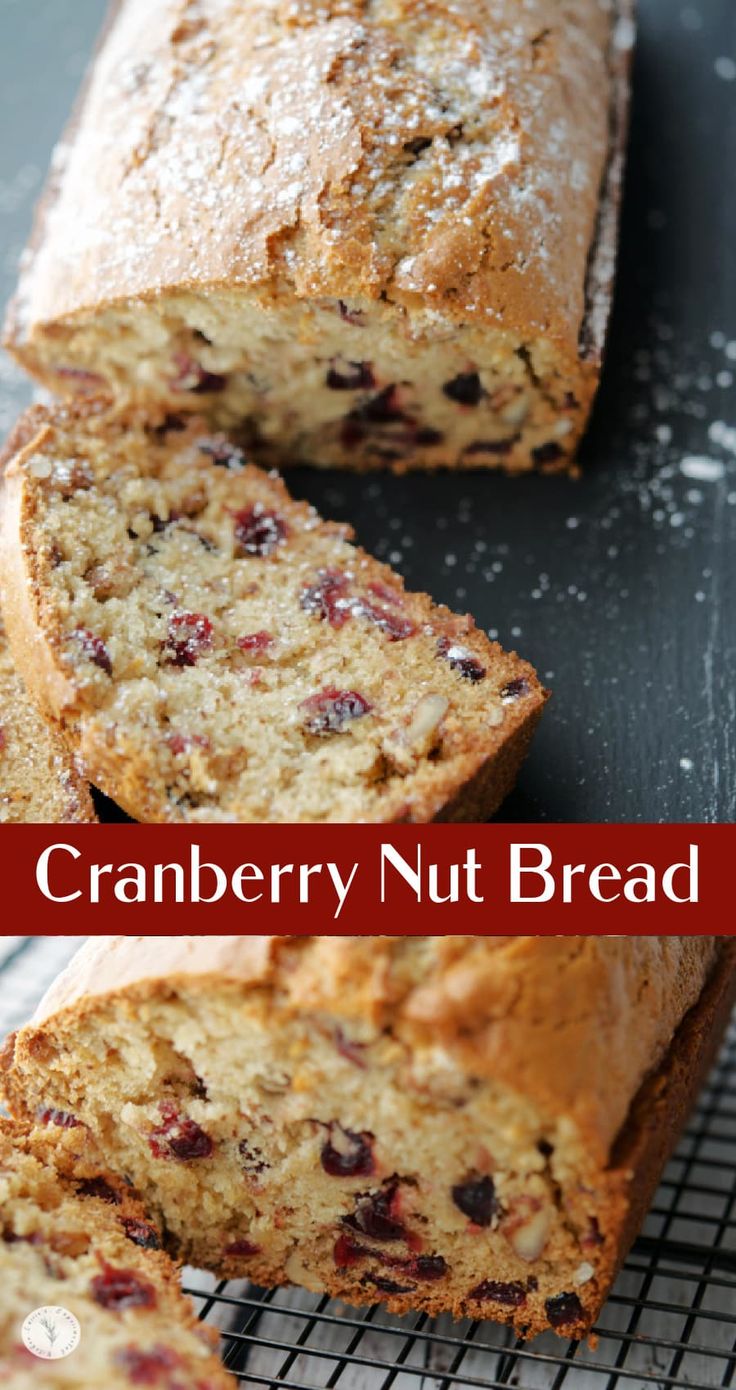 a loaf of cranberry nut bread on a cooling rack with text overlay